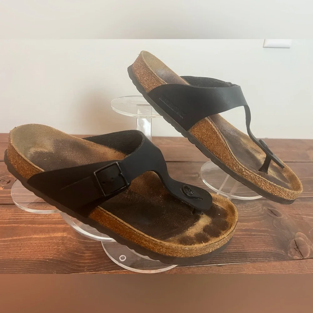 Birkenstock Arizona Giselle T strap sandals size 40 BLACK leather Footbed